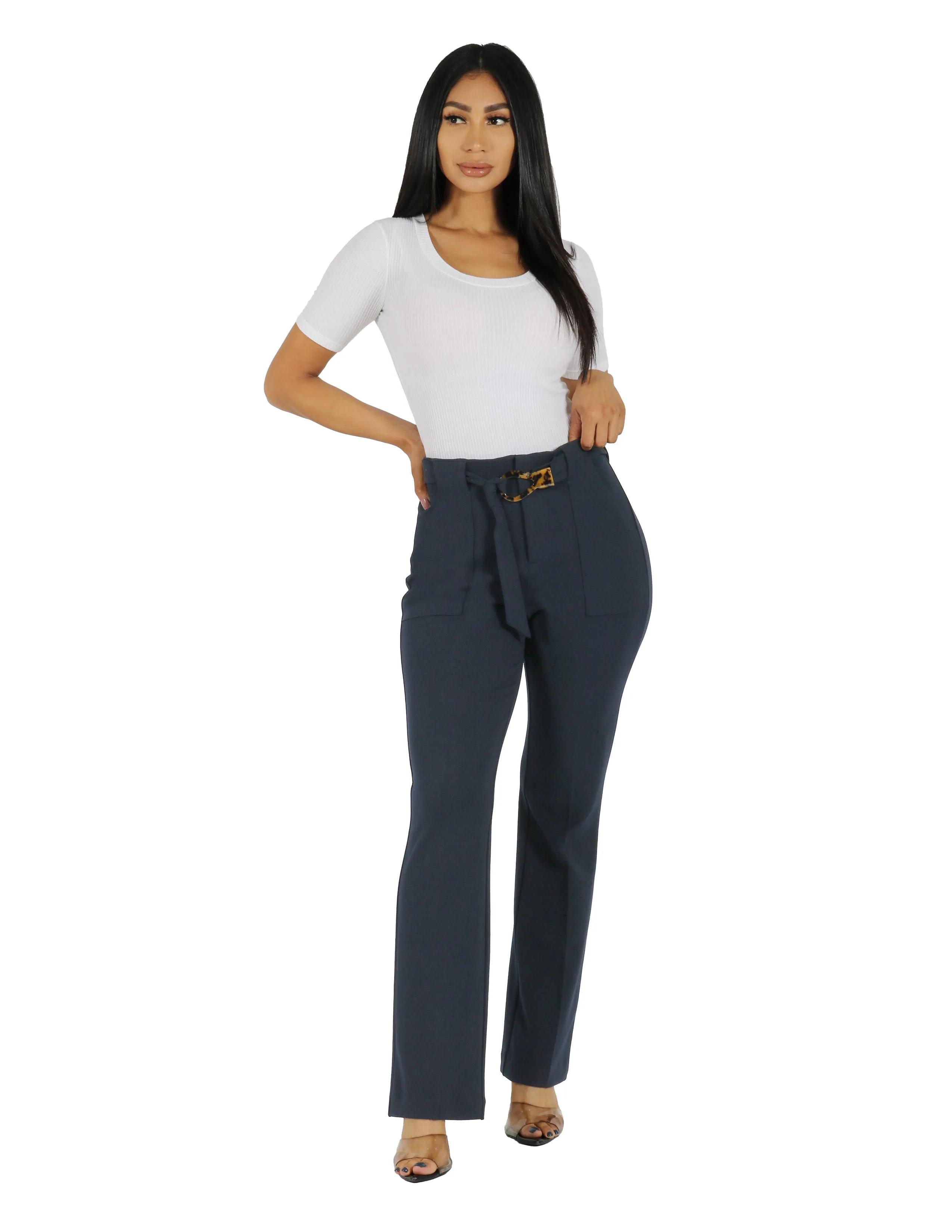 Move Easy Tear Resistant Weave She's Busy High Rise Wide Leg Pant with Patch Pocket and Belt