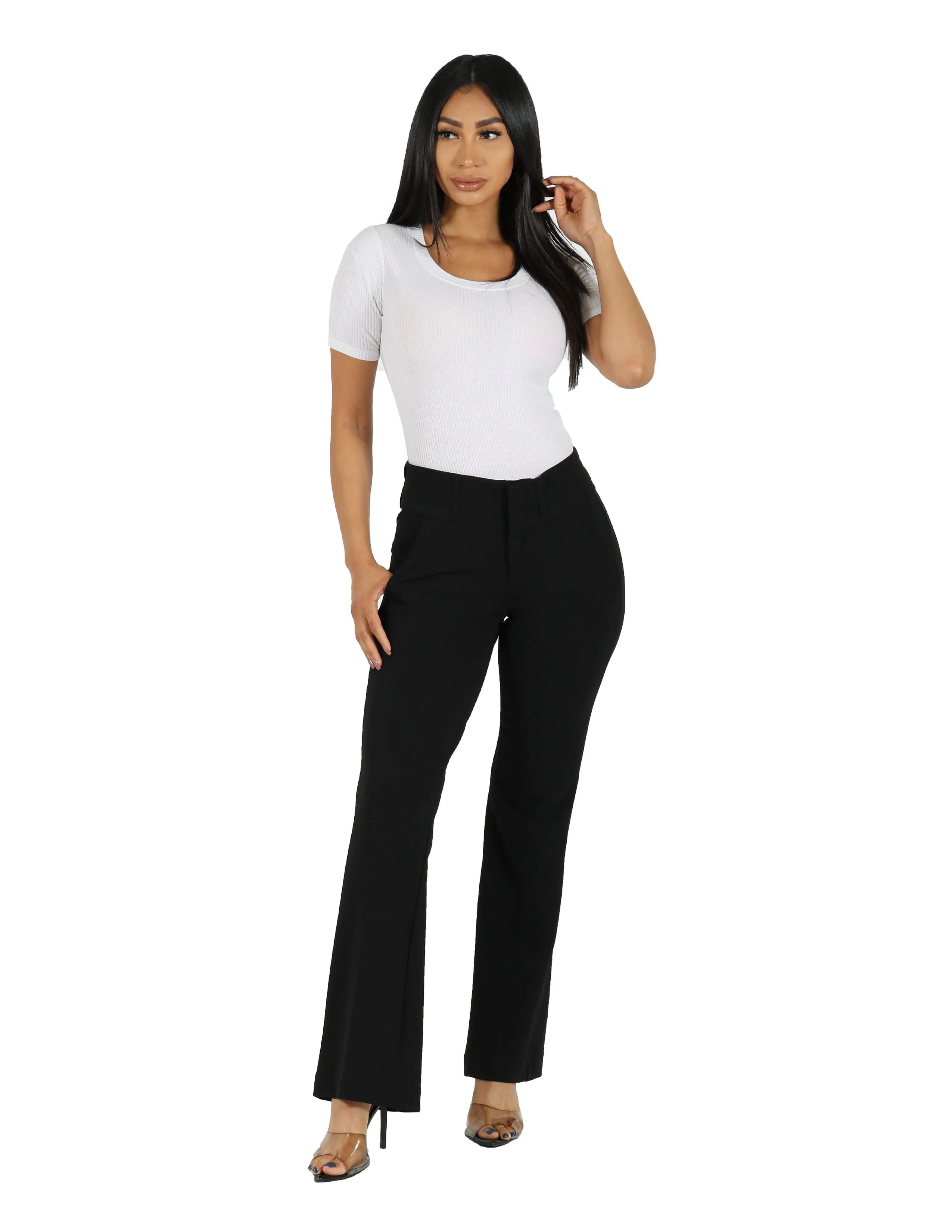She's Got It Knit Crepe Wide Double Waistband Solid Trouser Reflective Trim Options Urban appeal