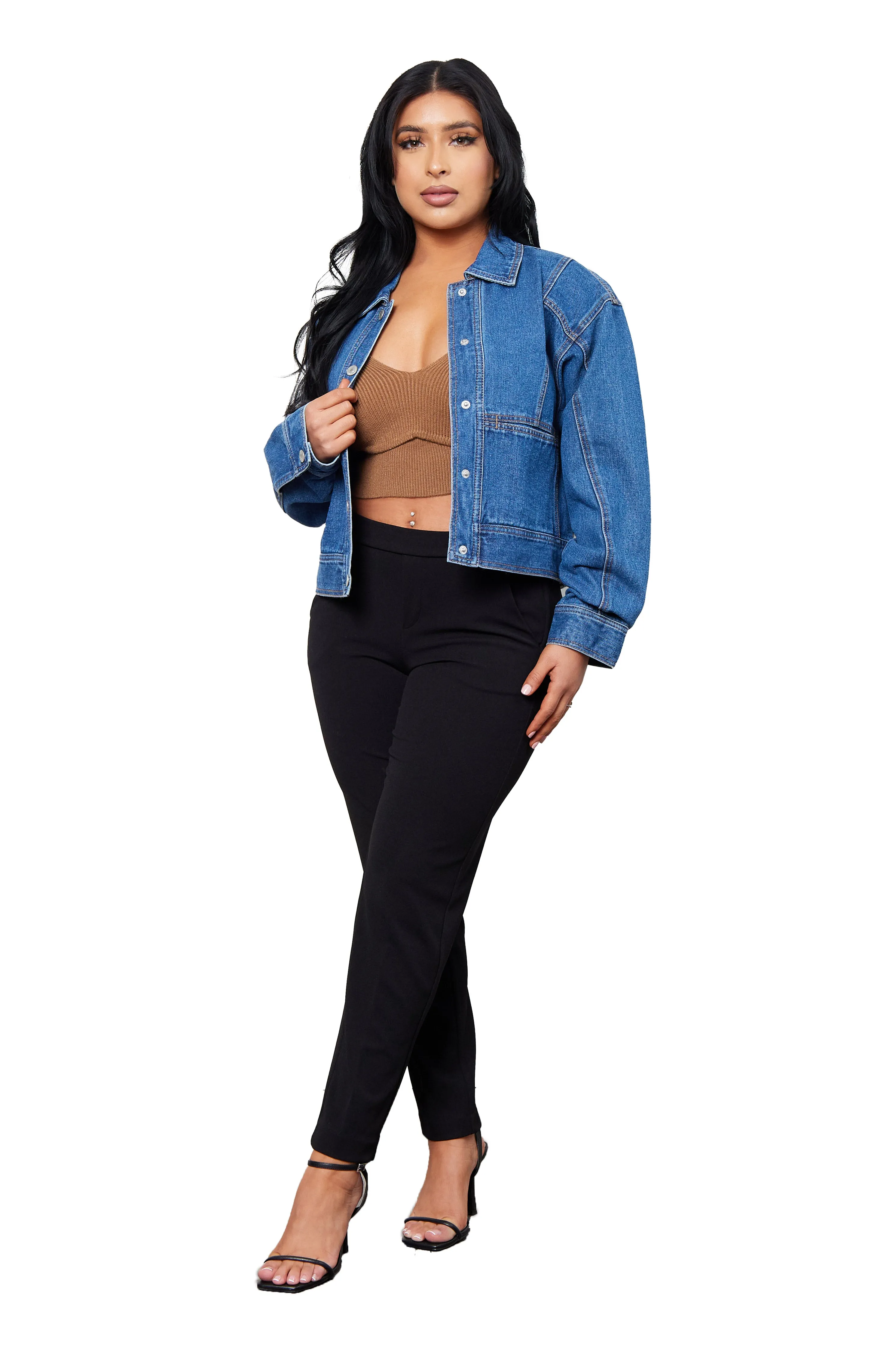 Short Jean Jacket with Tucks Stretchable Panels Refined Style