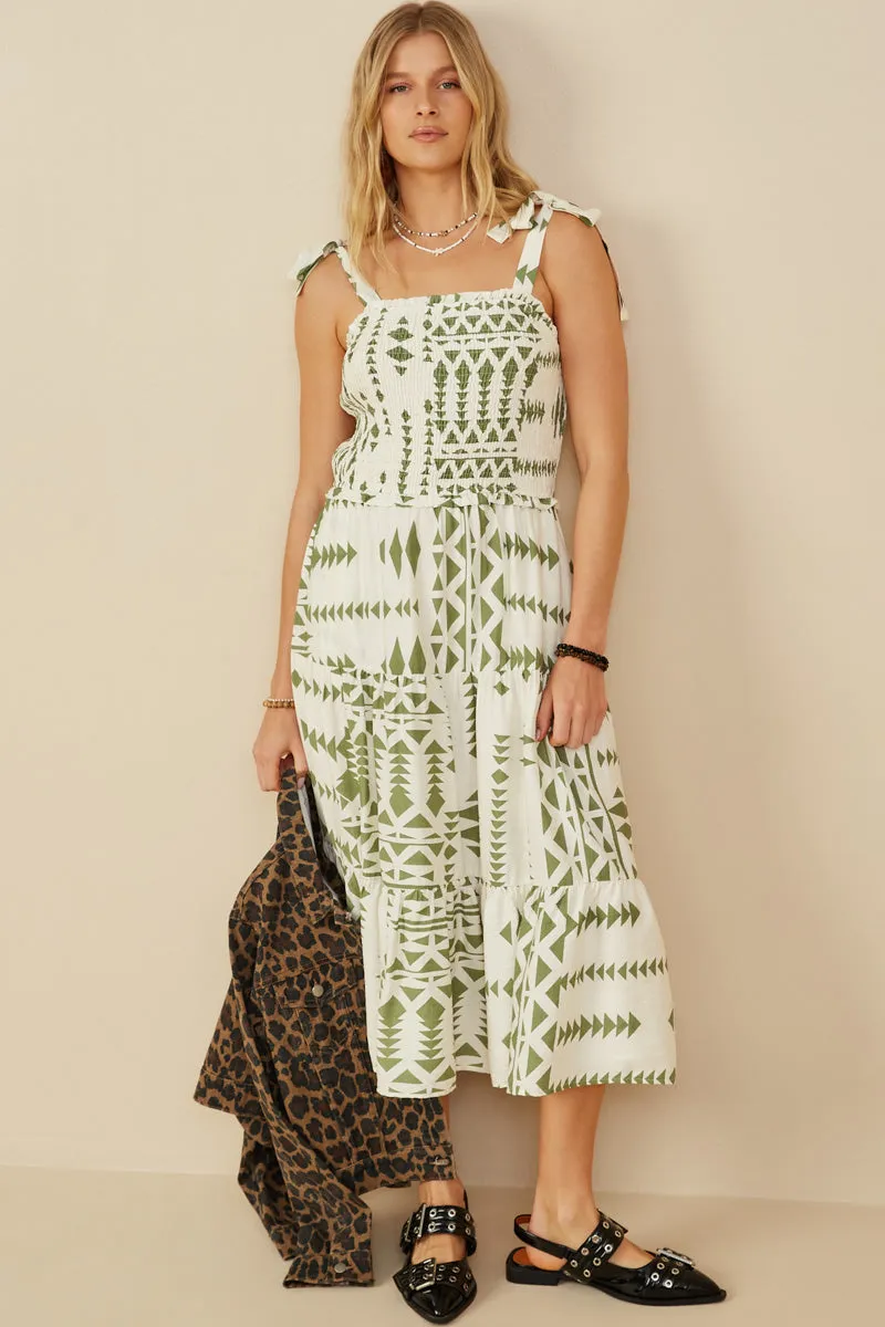 Red-Carpet Versatile party outfit Shoulder Tie Smocked Geometric Print Dress