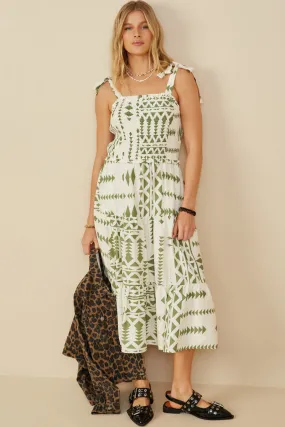 Shoulder Tie Smocked Geometric Print Dress Gathered-Detail Modern Edge