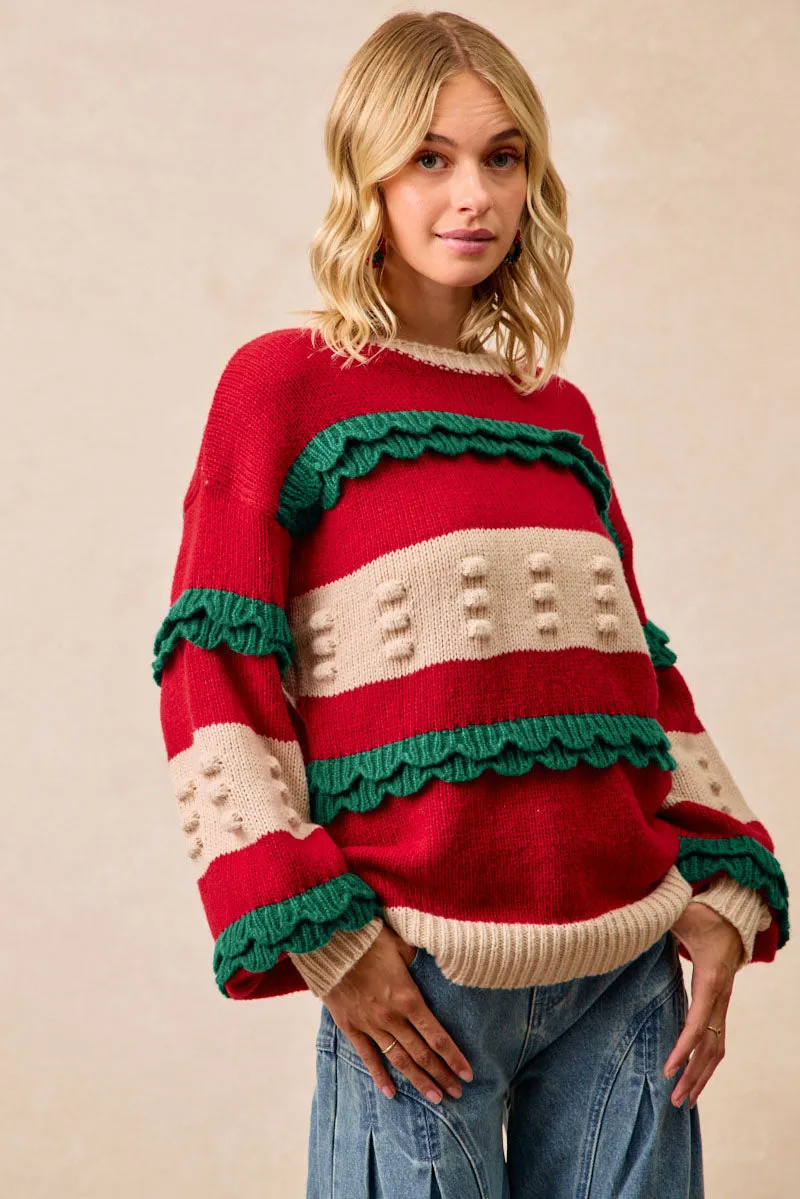 Versatile Layering Bonded seams IT4617H-01 | CHRISTMAS THEME RUFFLED DETAILS SWEATER TOP