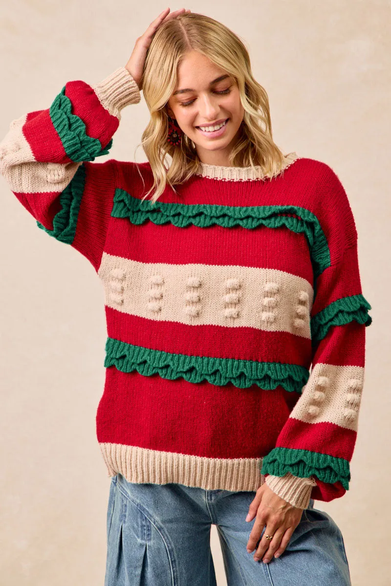 Reflective Trim IT4617H-01 | CHRISTMAS THEME RUFFLED DETAILS SWEATER TOP
