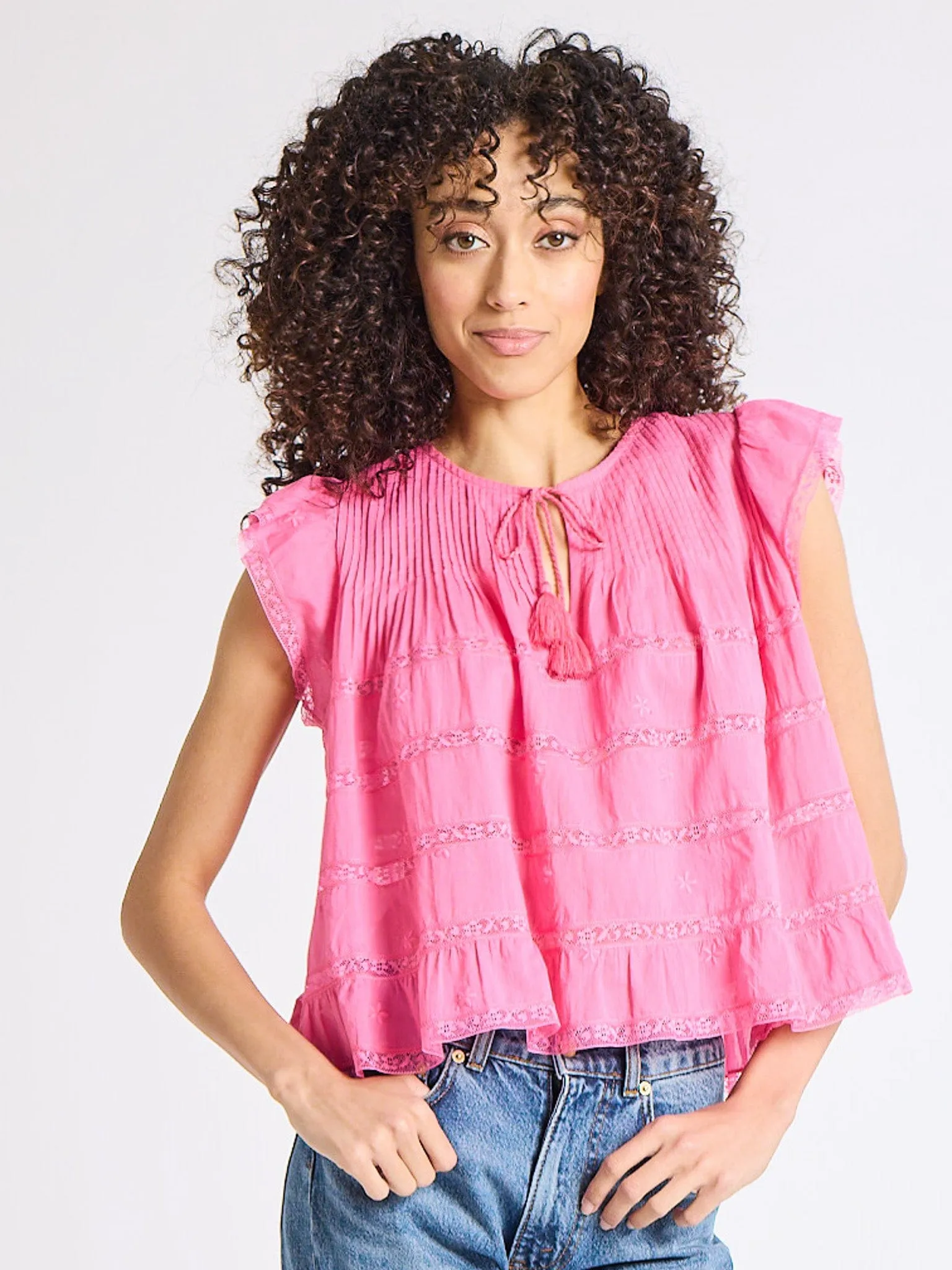 Stretch Knit Fabric Maria Top in Carmine Lace & Embroidery