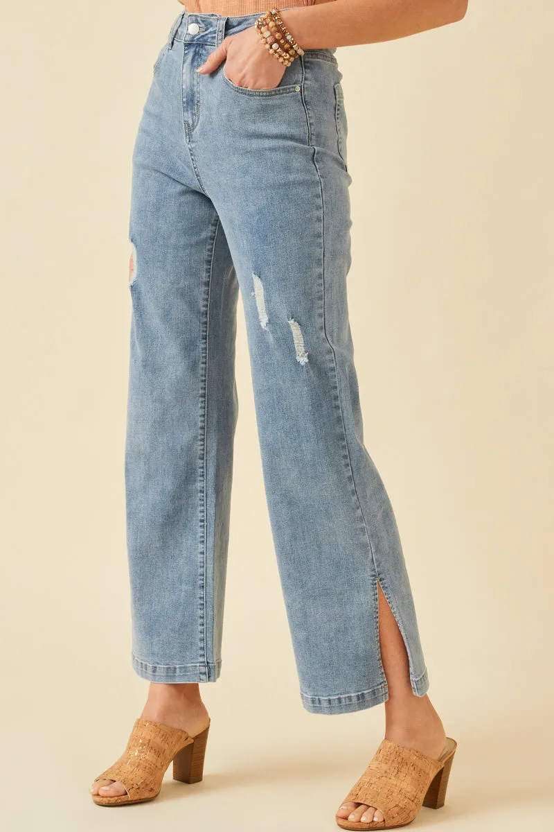 Multi-way wear Side Slit Distressed Bootcut Stretch Denim