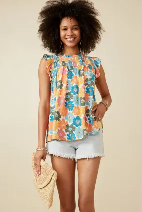 Floral Smocked Ruffle Detail Tank ReinforcedShoulderConstruction