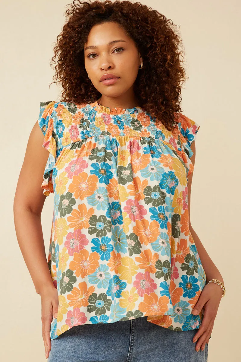 Sustainable Material Blend Floral Smocked Ruffle Detail Tank