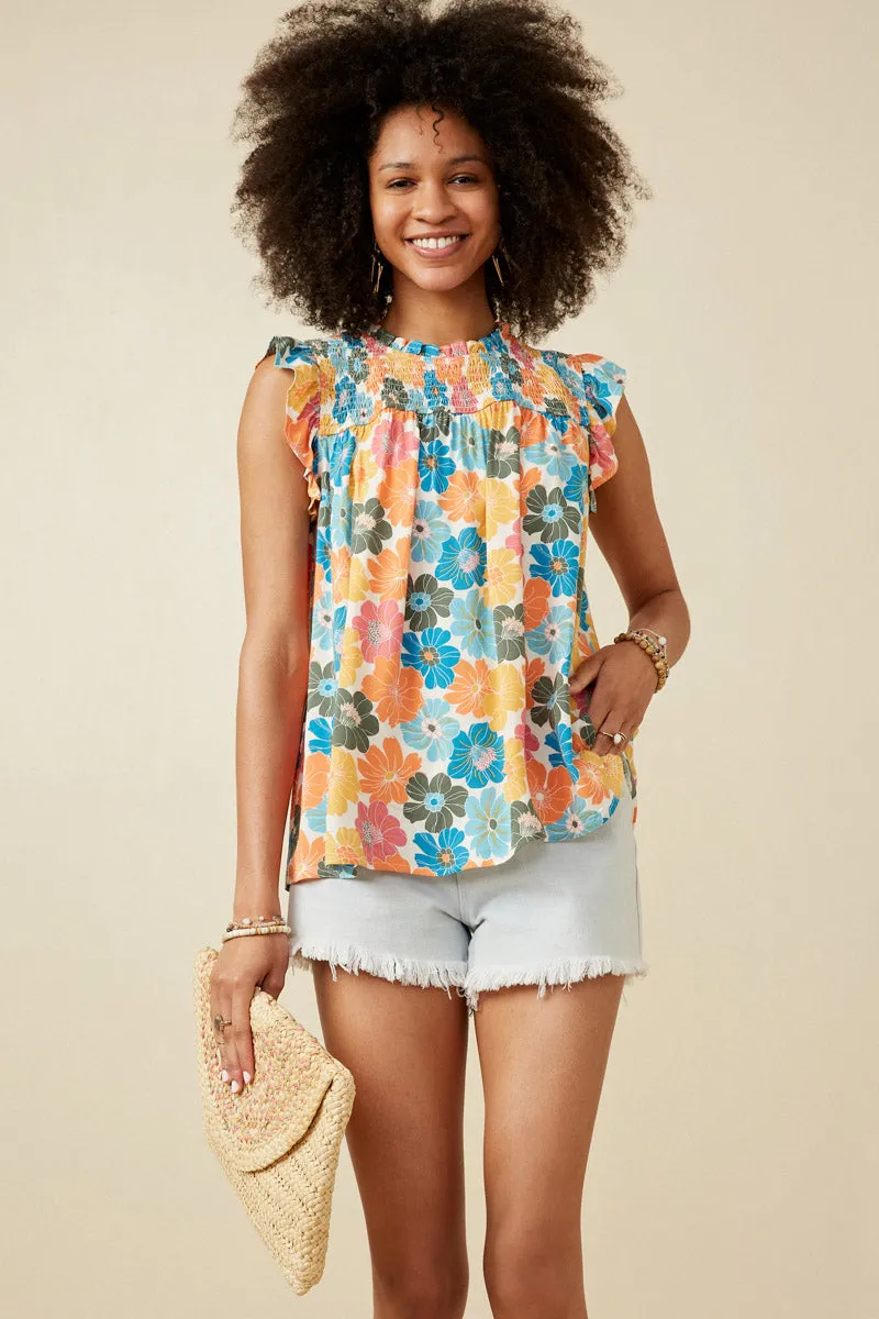 Layered Shoulder Floral Smocked Ruffle Detail Tank