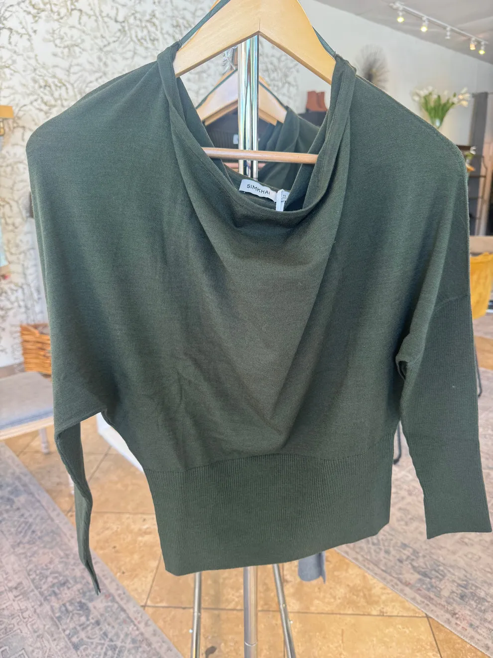 Layered Collar Design Adjustable Cuff System SIMKHAI LAVINA DRAPED OFF SHOULDER SWEATER