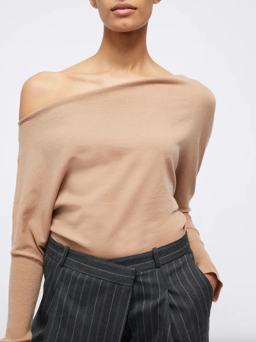 SIMKHAI LAVINA OFF THE SHOULDER SWEATER TOP MeshPanelIntegration Low Profile Seaming