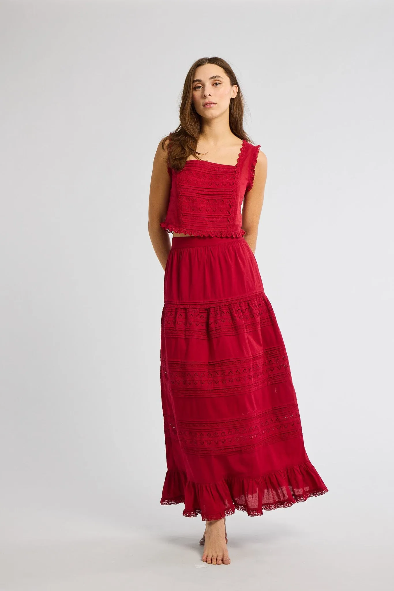 Leni Skirt in Cherry Lace Lined interior Crisp Fit