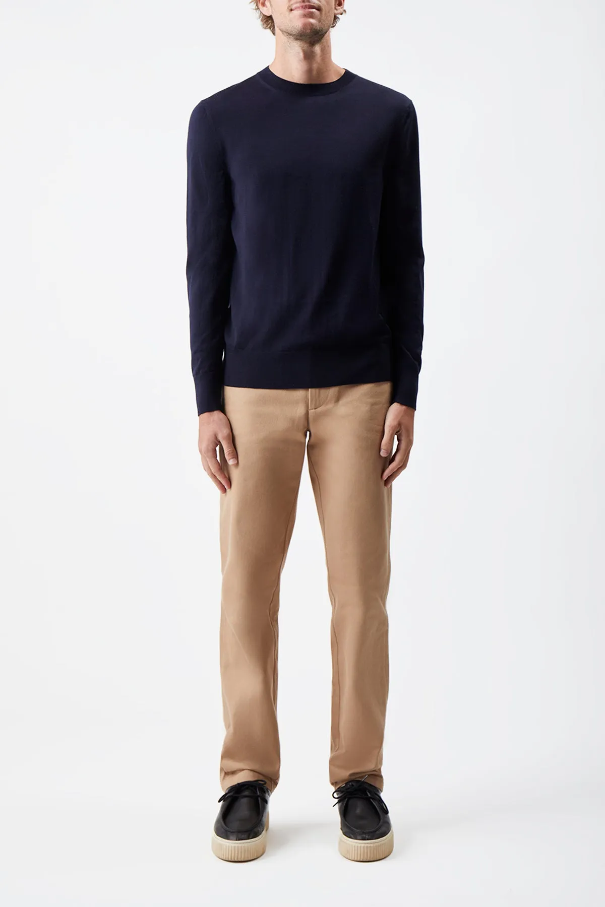 SoftTouch Material Effortless Comfort Palco Knit Crewneck in Navy Merino Wool