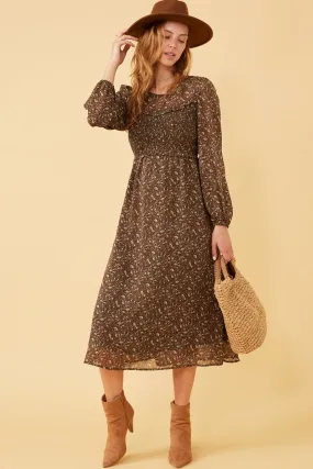 Ditsy Print Smocked Bust Long Sleeve Dress Garden Fresh