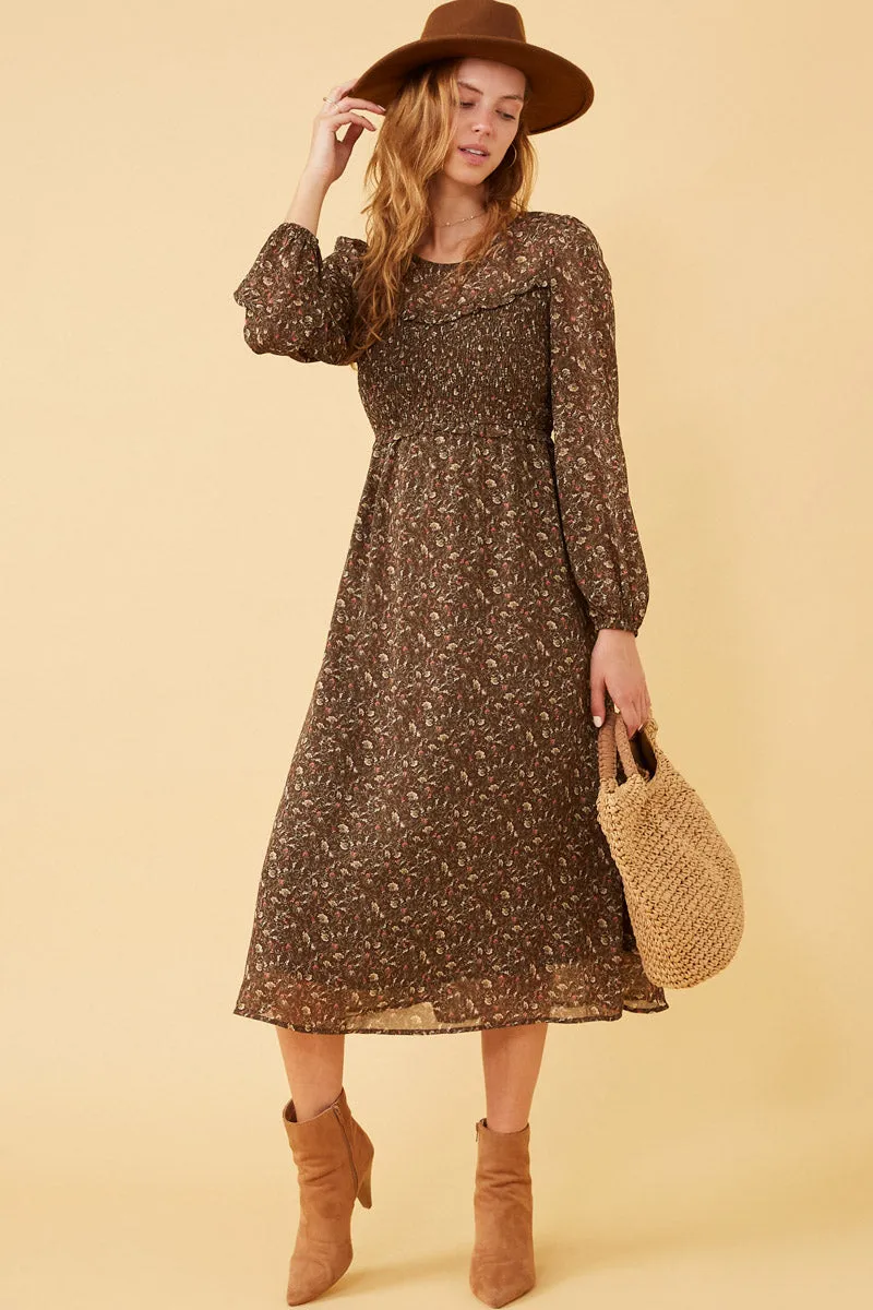 Sophisticated Edge Social Ease Ditsy Print Smocked Bust Long Sleeve Dress