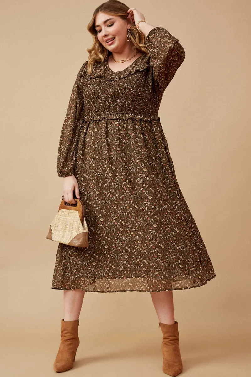 Ditsy Print Smocked Bust Long Sleeve Dress Polished Layer