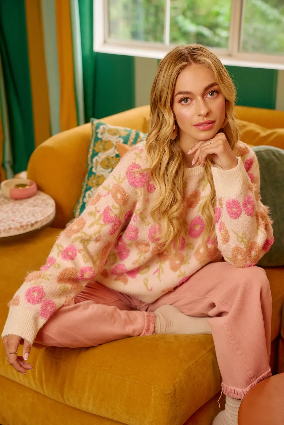 Flex Fit IP8563S-02 | TOWEL TEXTURE FLORAL PATTERN SWEATER KNIT TOP