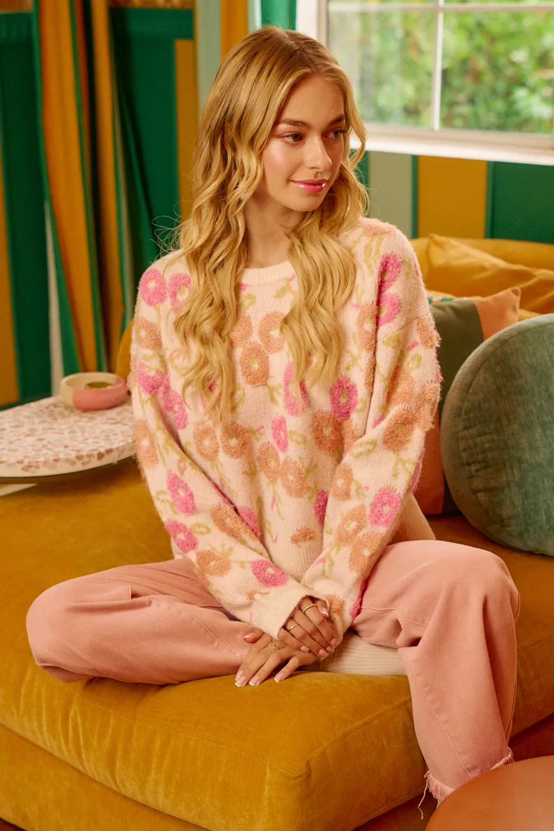 Durable Hemming Work Flex IP8563S-02 | TOWEL TEXTURE FLORAL PATTERN SWEATER KNIT TOP