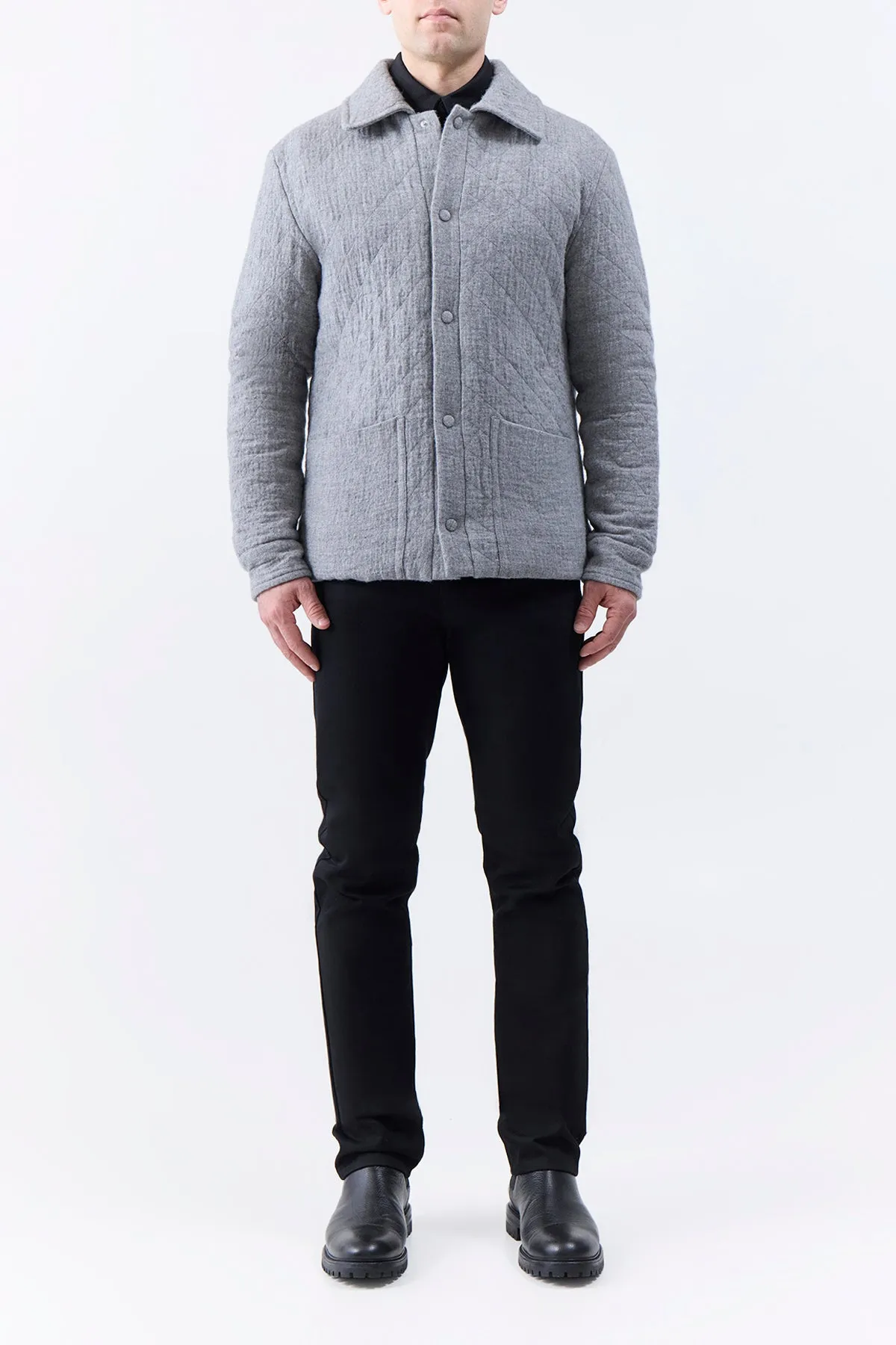 Skye Paddock Jacket in Light Grey Melange Cashmere Linen Matte Surface Texture Flexible Fit Wear