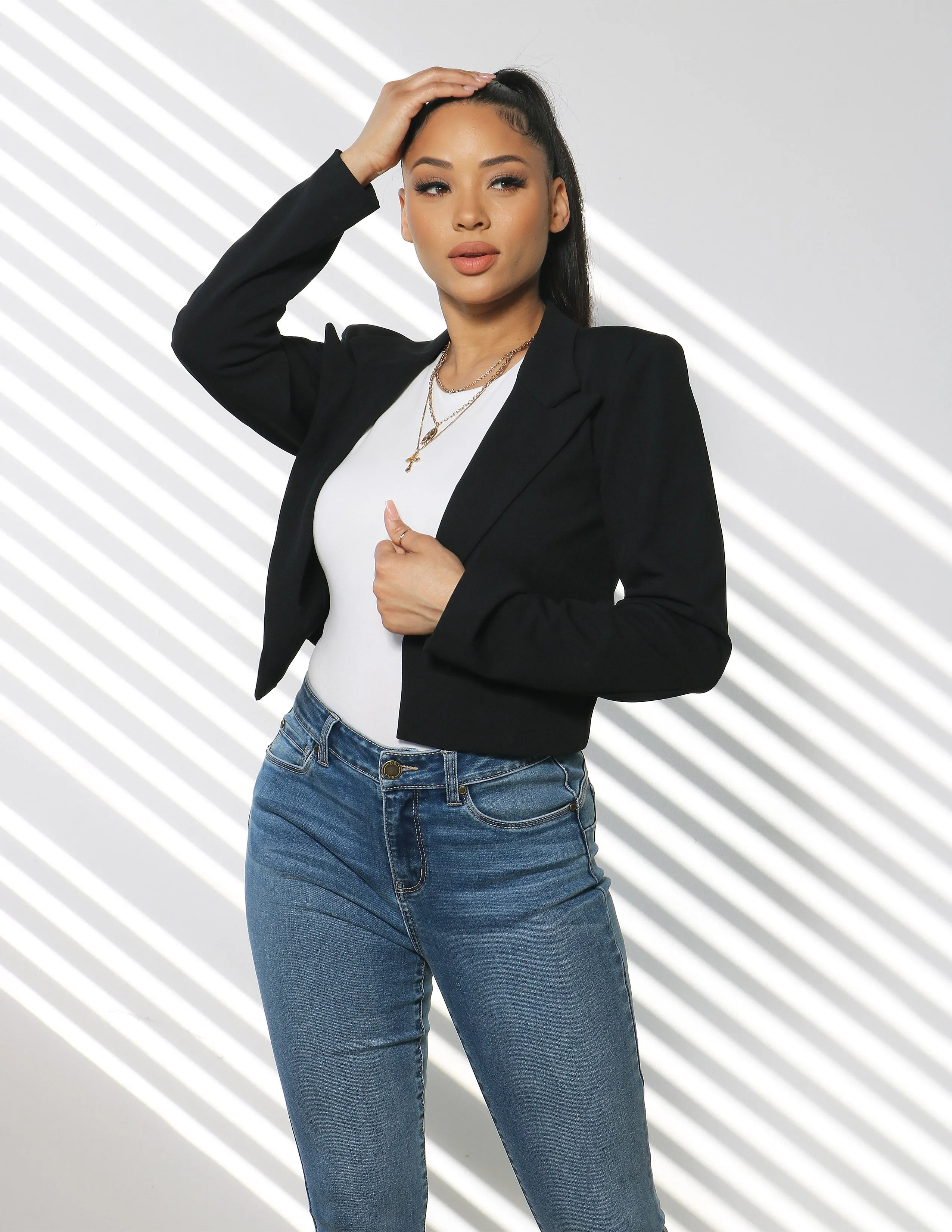 Can't Stop Knit Crepe Cropped Blazer Hypoallergenic Fiber Filling Adjustable Hem Cords