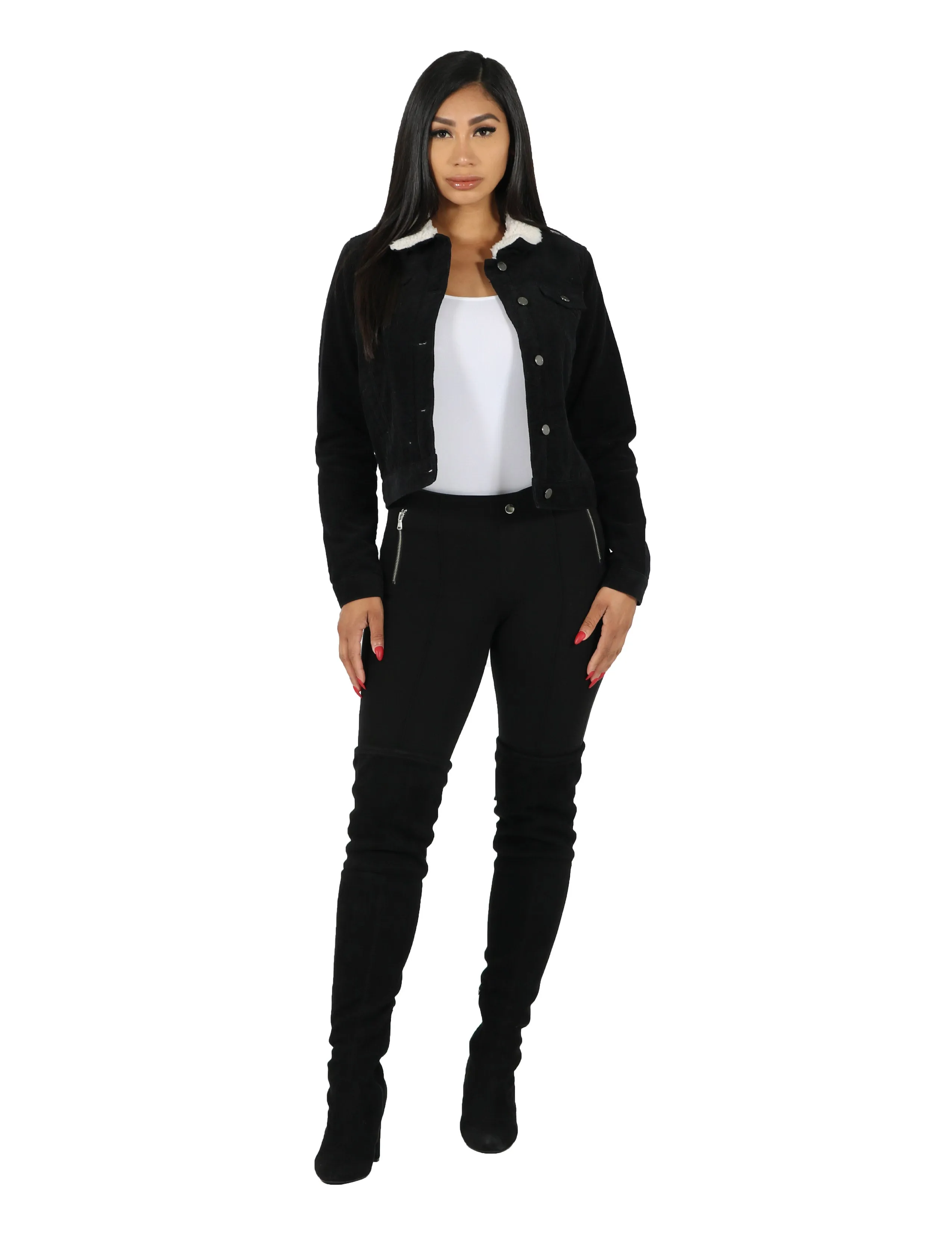 DoubleLayeredHem ReflectiveTrimDetails Corduroy Jacket with Sherpa Lining