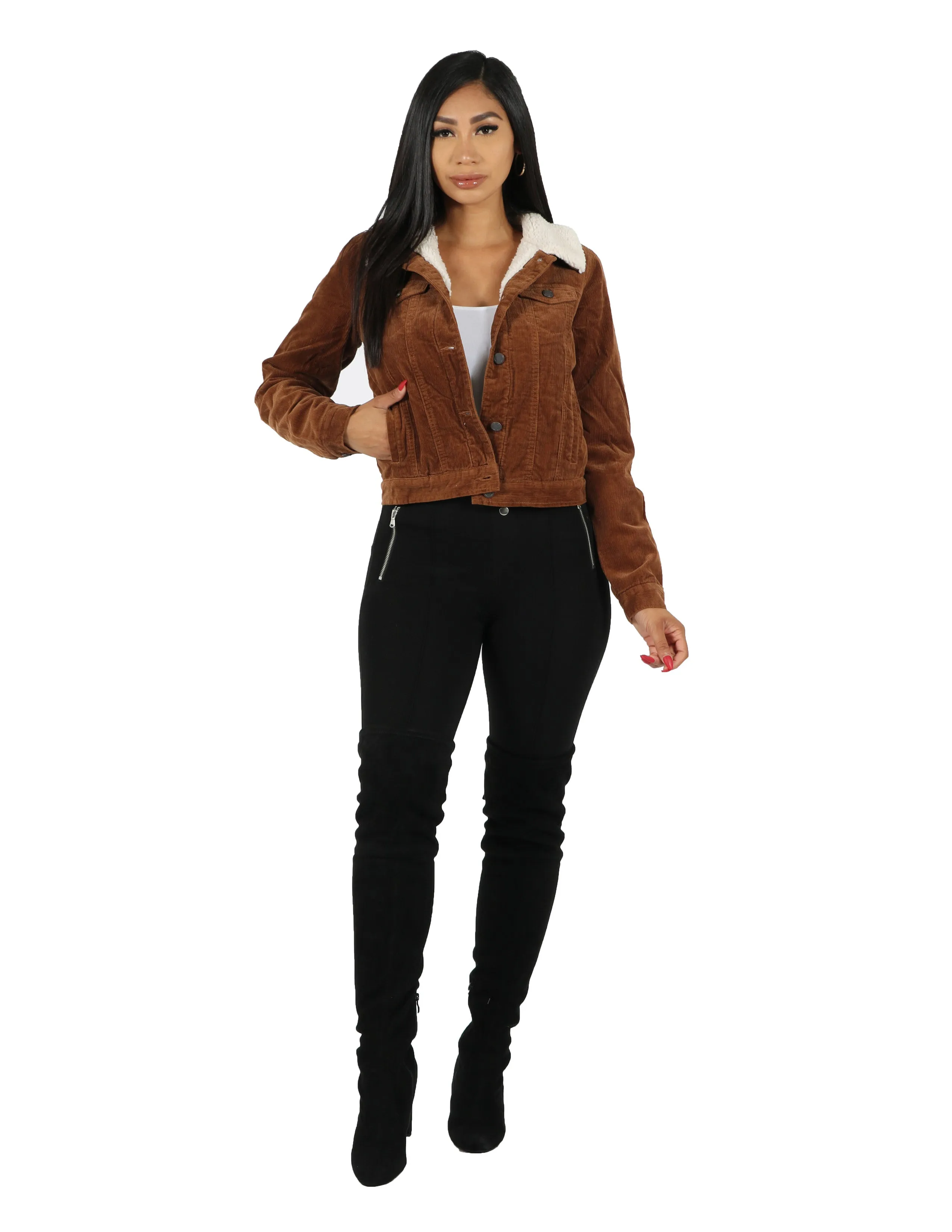 Contoured Silhouette Packable Technology Corduroy Jacket with Sherpa Lining