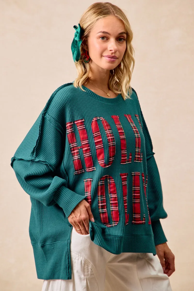 IT3426G-21 | CHRISTMAS PLAID HOLLY JOLLY LETTERING SWEATSHIRT NonChafing Seam Placement Ethical Manufacturing