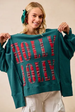Glow In Dark Accents IT3426G-21 | CHRISTMAS PLAID HOLLY JOLLY LETTERING SWEATSHIRT