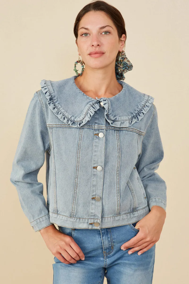 Non Irritating Edging Womens Exaggerated Ruffle Collar Denim Jacket