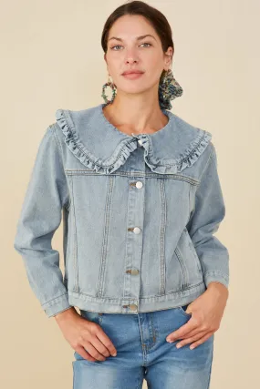 Non Irritating Edging Womens Exaggerated Ruffle Collar Denim Jacket