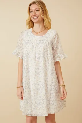 monochrome Simple Ease Light Floral Tulip Sleeve Dress