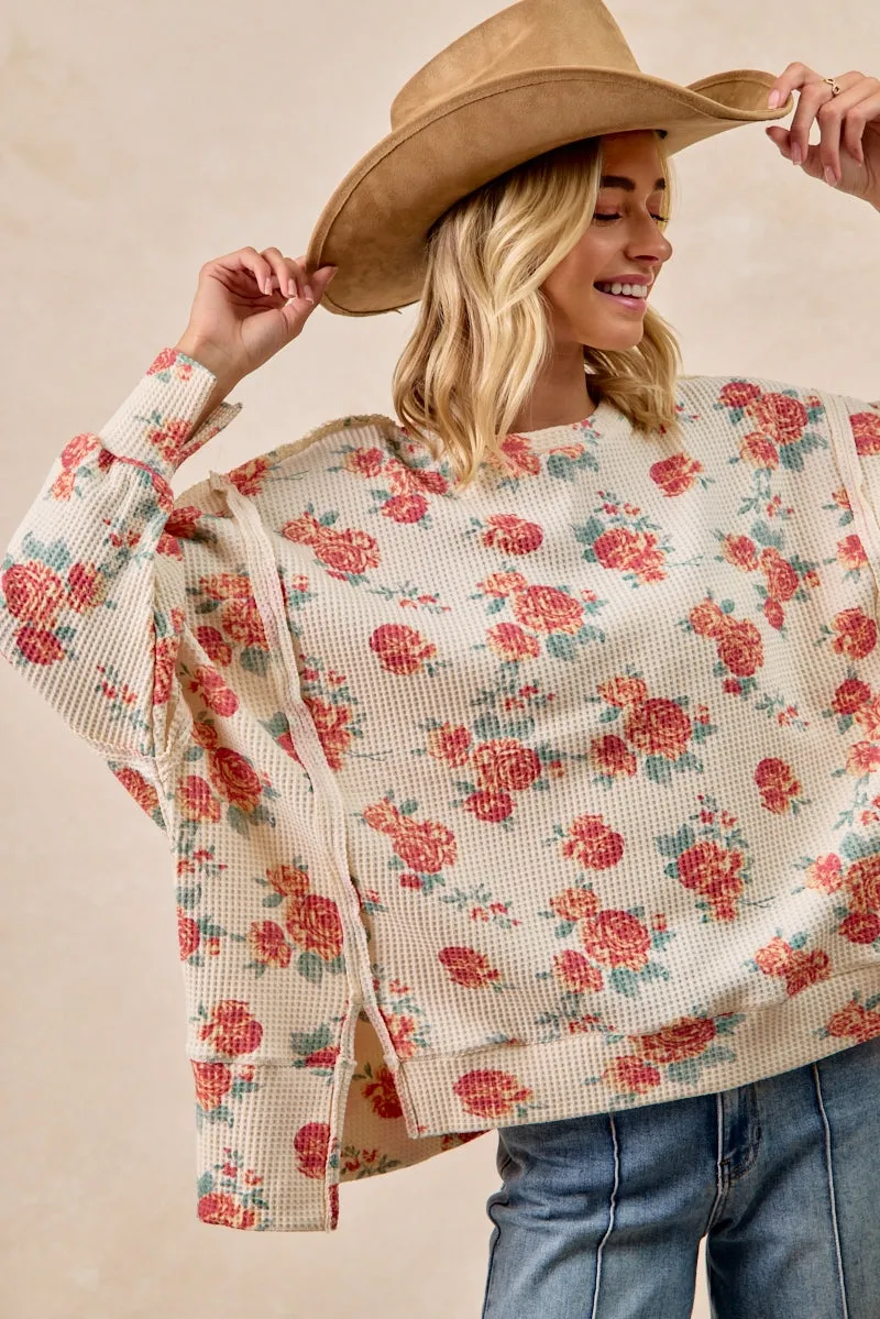 WaterRepellent IT3426G-13 | FLORAL PRINT OVERSIZED WAFFLE THERMAL SWEATSHIRT
