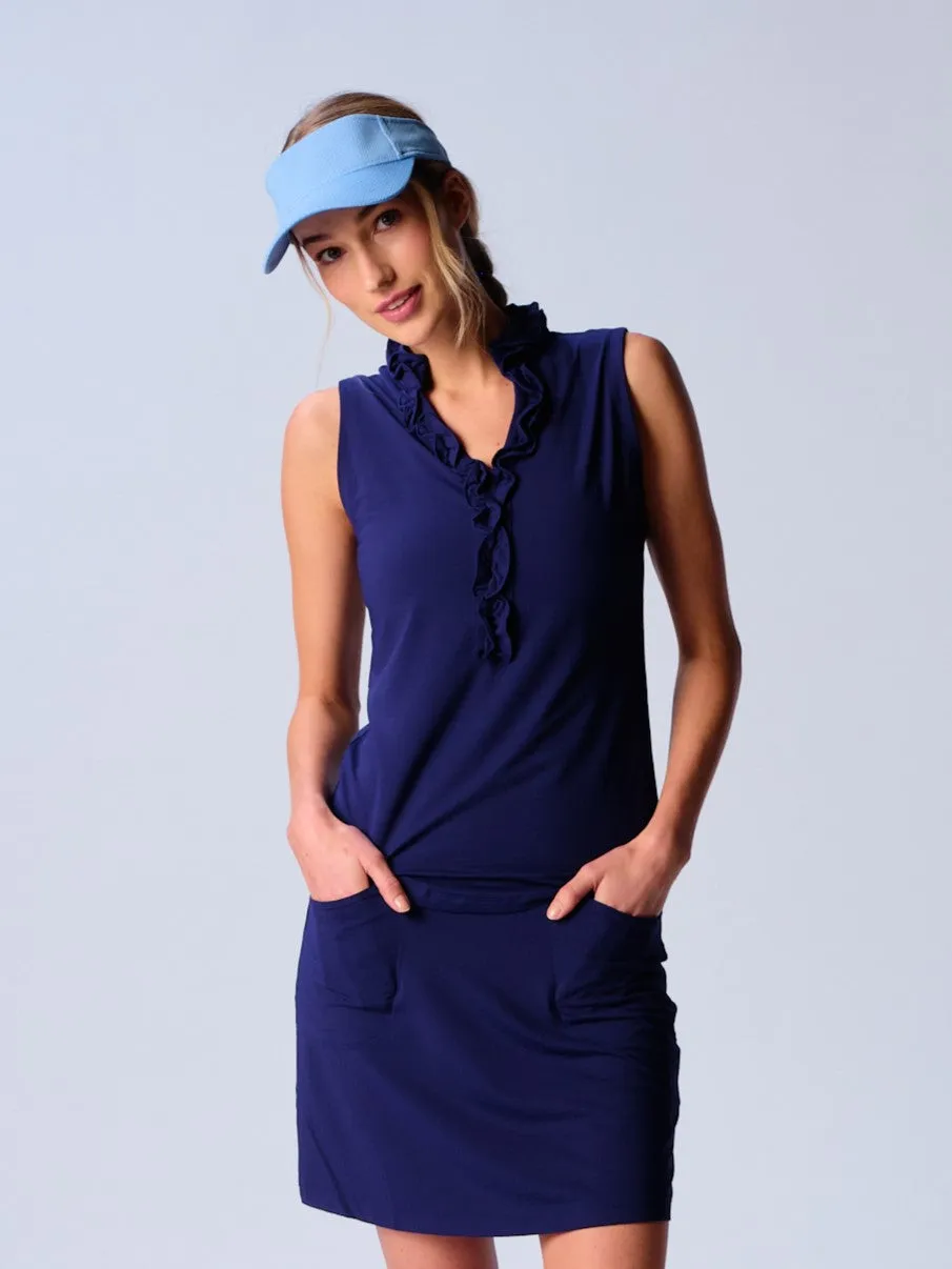 Sleeveless Ruffle Top In Various colors Classic Crewneck Design Snag Resistant Surface