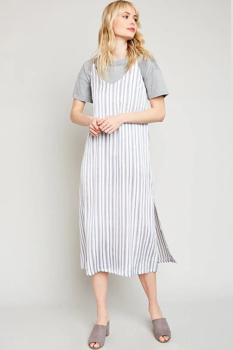 Boat-Neck Sleeveless Stripe Midi Dress