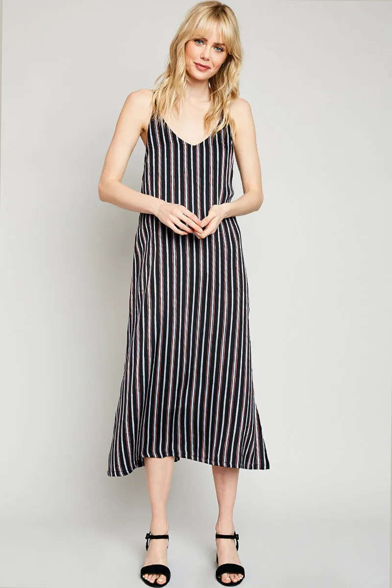 Glossy-Finish Sleeveless Stripe Midi Dress