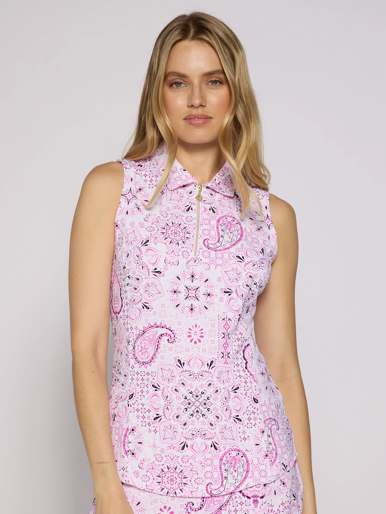Sleeveless Zip Polo in Pink Paisley ThermalRegulation Casual Pullover