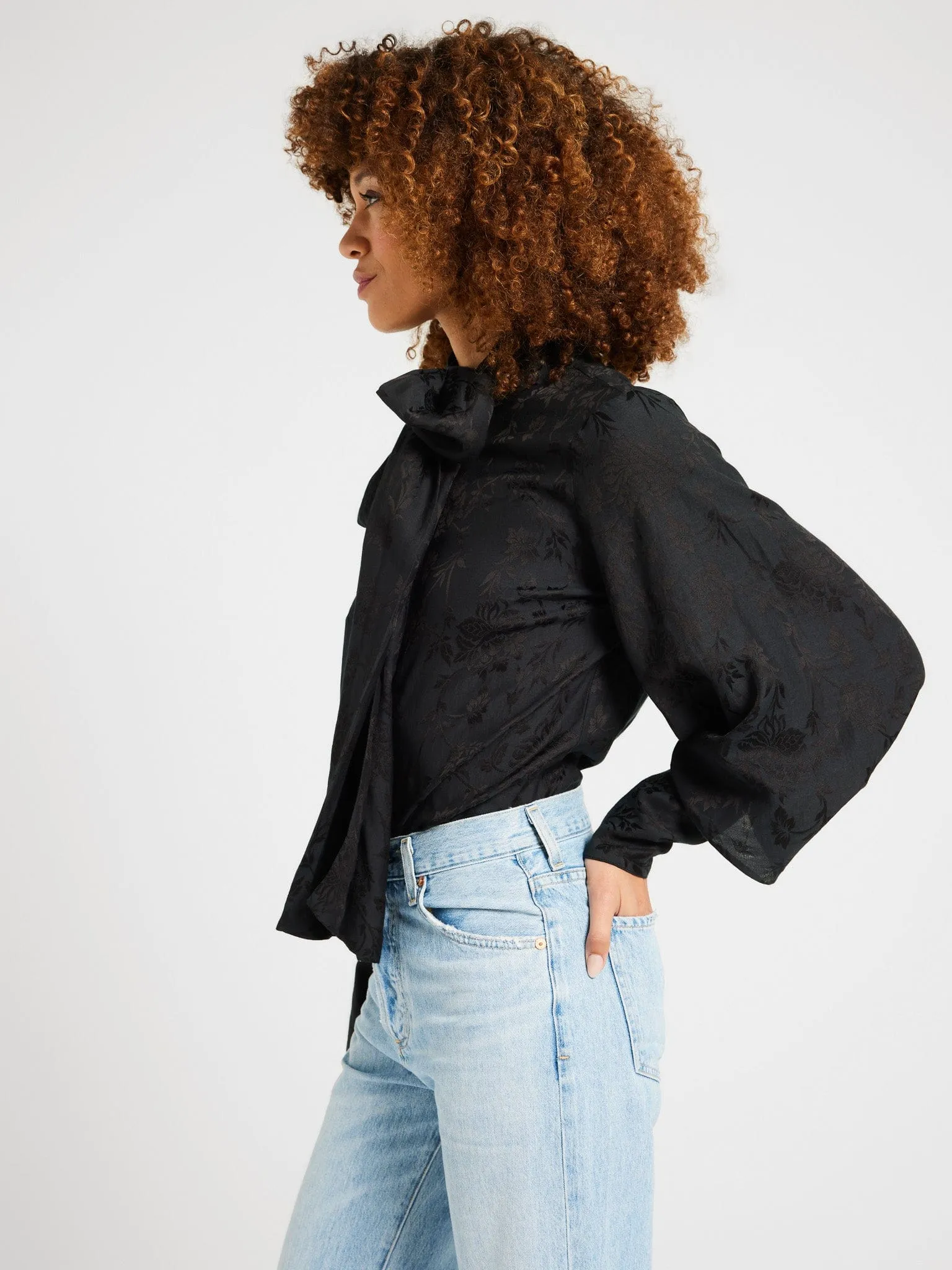 Gigi Top in Black Jacquard Formal Shirt DoubleStitched Hem