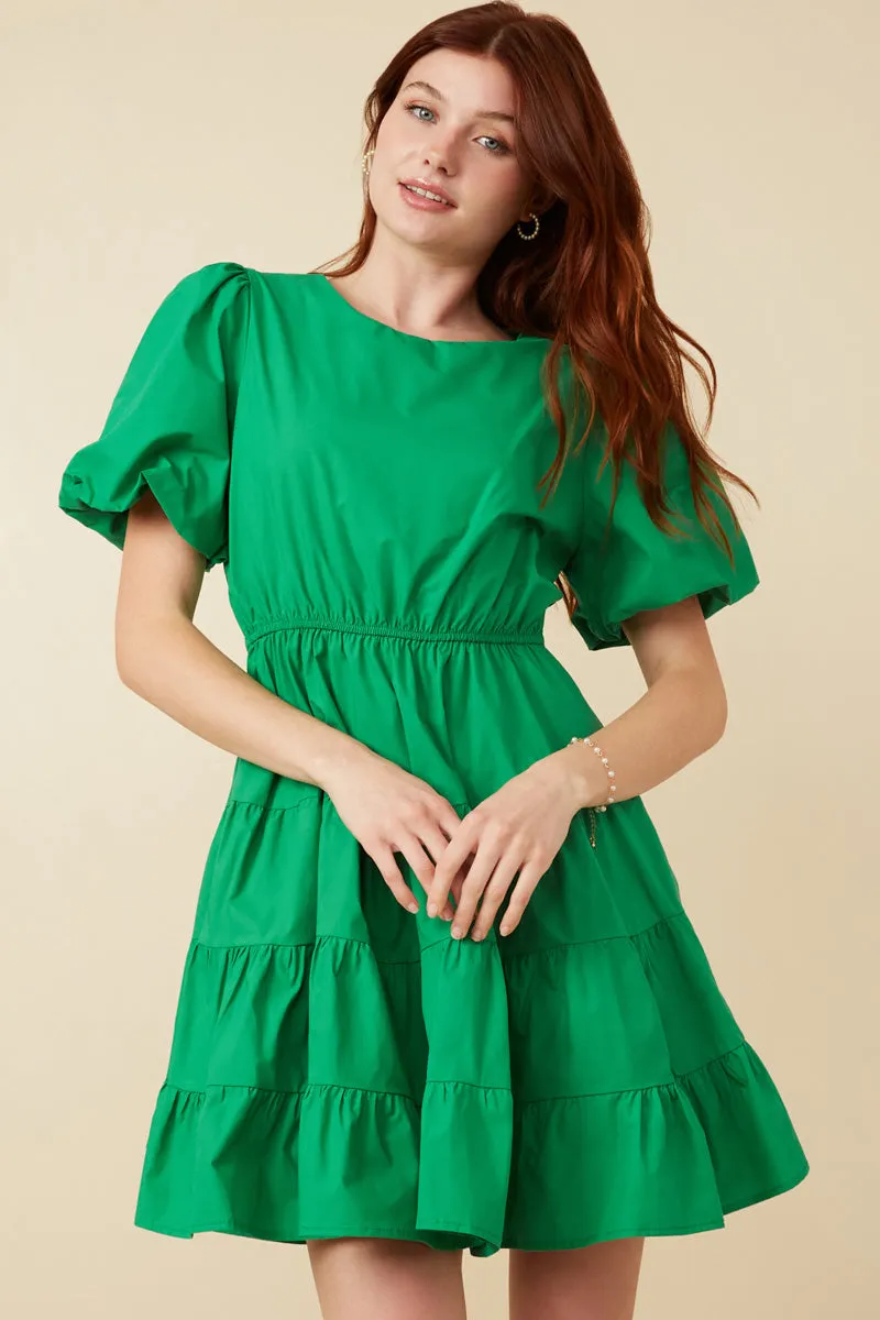 Square Neck Floral Swing Bow Back Puff Sleeve Poplin Dress