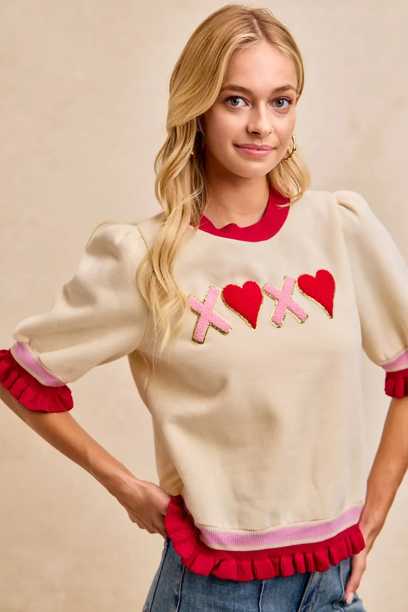 IT3352G-09 | VALENTINE'S XOXO PATCHES BANDED PUFF SLEEVES TOP Blush Shade