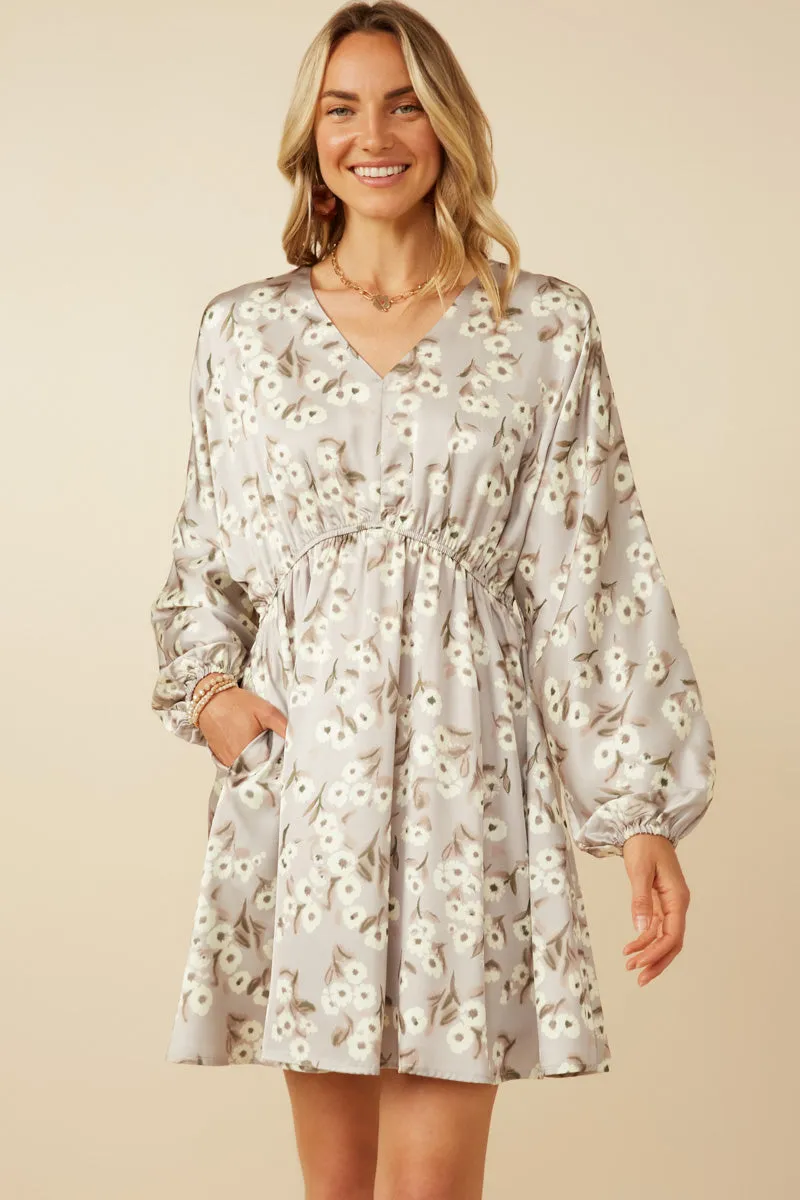 Smooth Wear Satin Floral Print V Neck Dolman Sleeve Dress