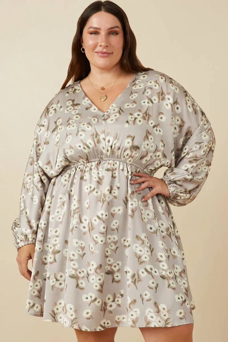 Satin Floral Print V Neck Dolman Sleeve Dress Work Style