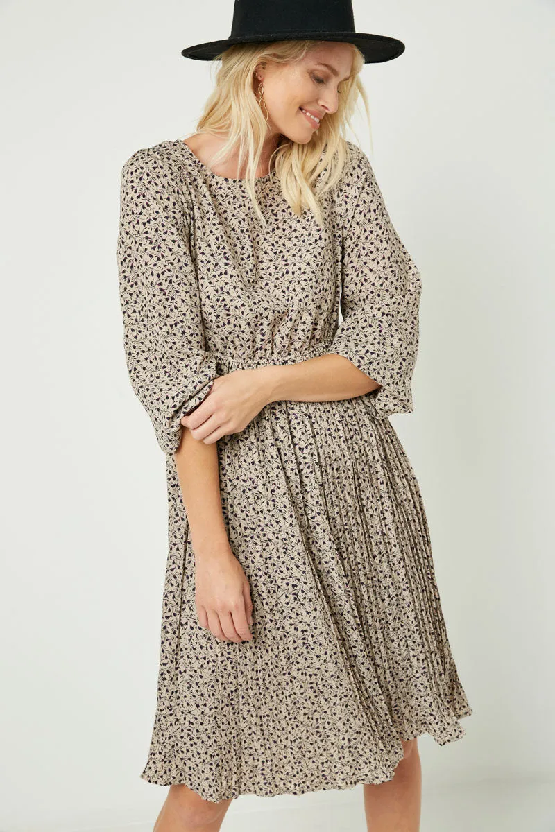 Ditsy Print Pleated Skirt Midi Dress Vibrant Hue Spring-Season