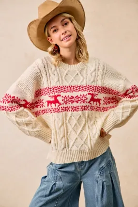 IT4763-01 | CHRISTMAS THEME PATTERNED CABLE KNIT SWEATER Statement Piece