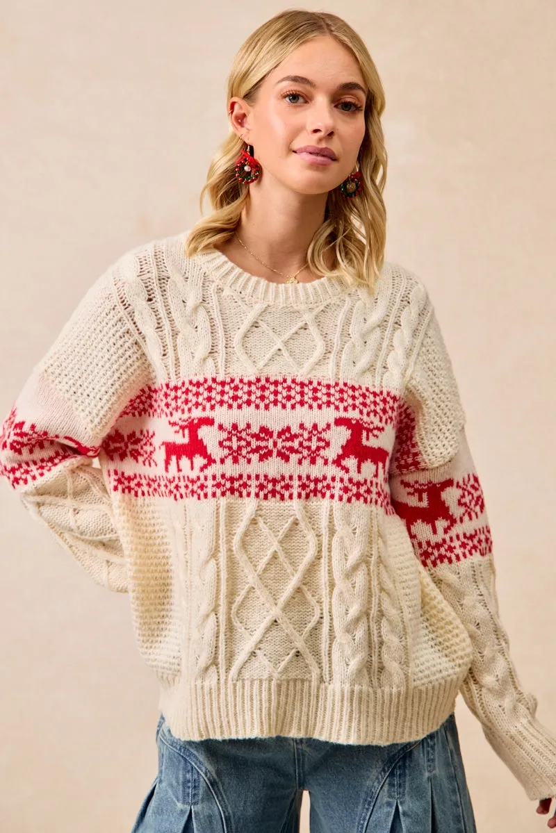 Smooth zipper closure IT4763-01 | CHRISTMAS THEME PATTERNED CABLE KNIT SWEATER