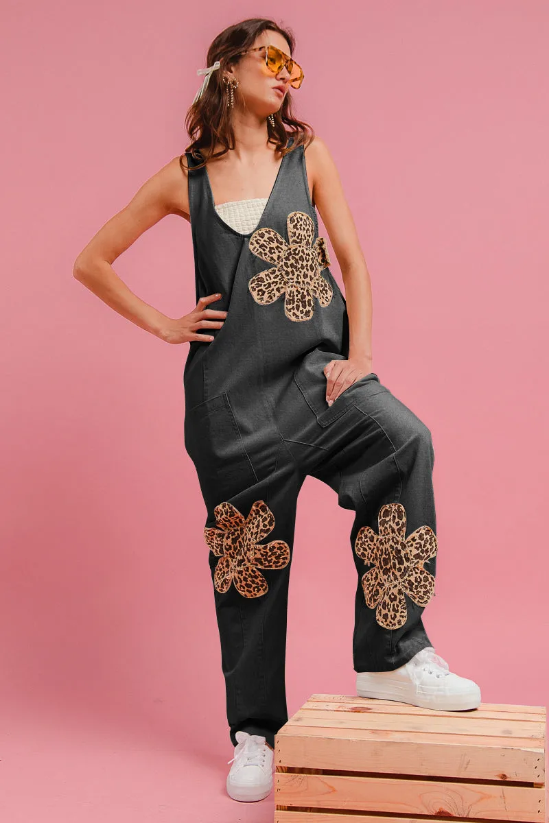 IB1650R-01 | FLOWER PATCH WASHED DENIM JUMPSUIT WITH BACK ADJUSTABLE AND POCKET Tagless Neckline Design