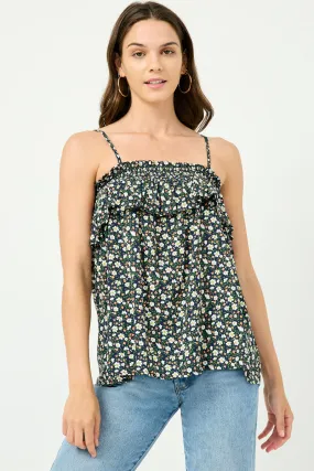 Smocked Floral Ruffle Tank Microfiber texture