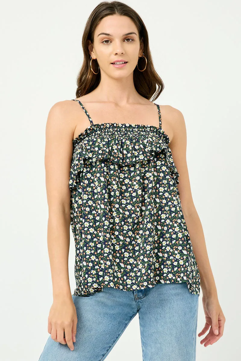 VNeckReinforcement Neutral Tone Palette Smocked Floral Ruffle Tank