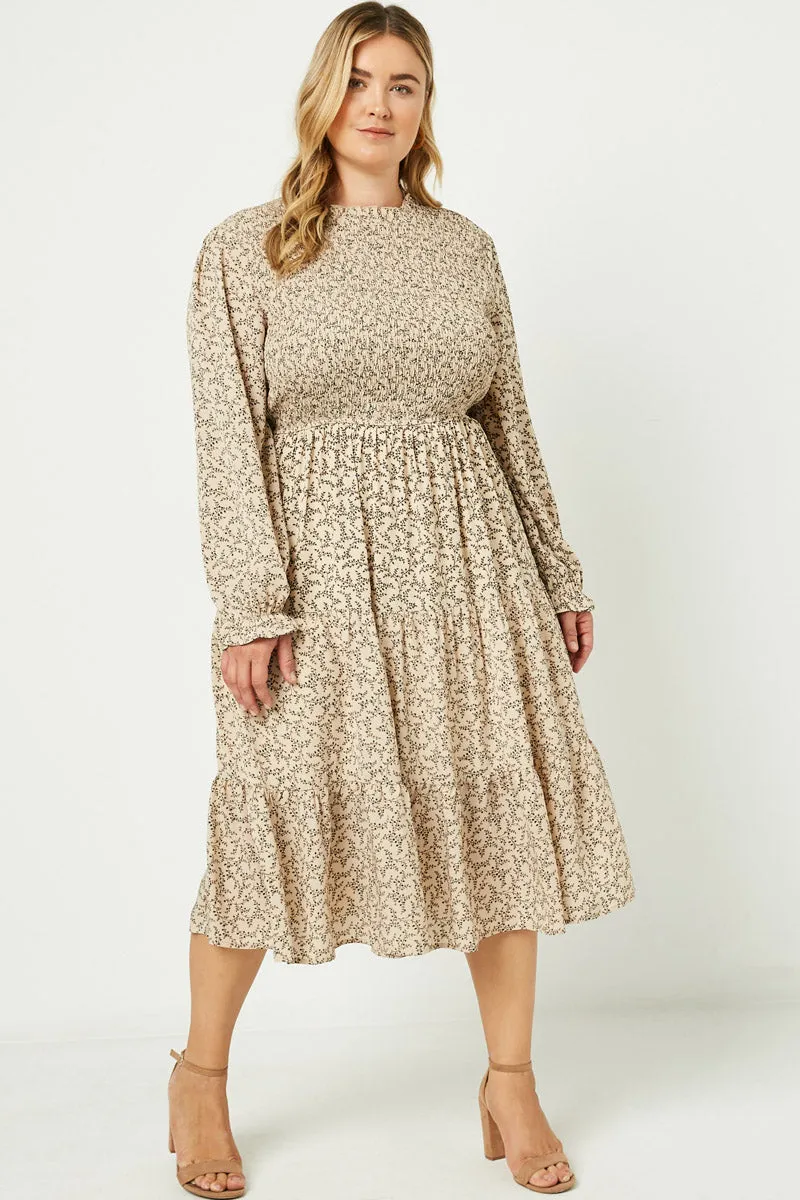 Cozy Texture Smocked Ruffle Neck Midi Dress