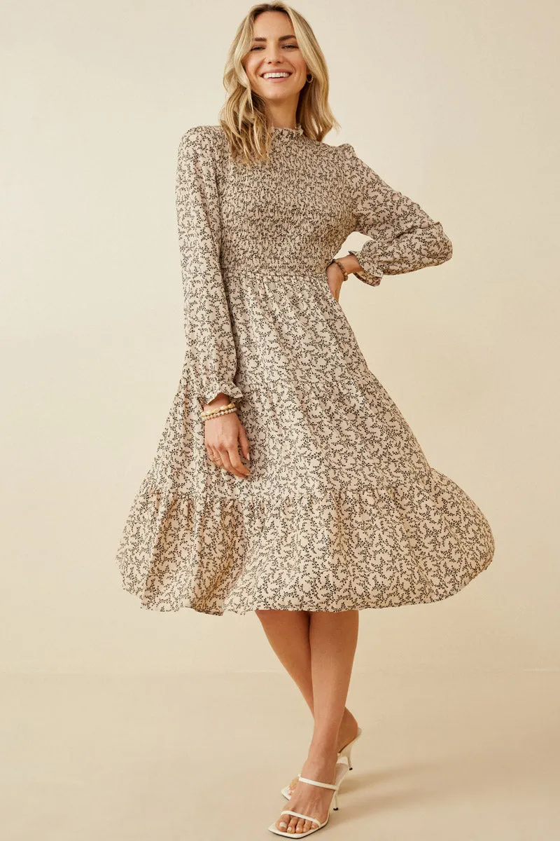 Smocked Ruffle Neck Midi Dress Long Sleeve
