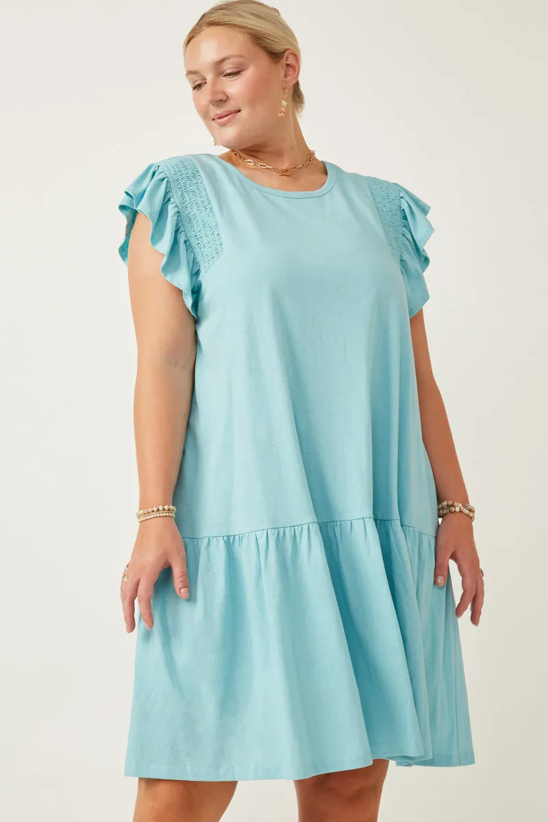 Smocked Shoulder Ruffle Detail Knit Dress Layer Safe EcoFriendlyDye