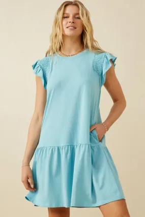 Day Chic Smocked Shoulder Ruffle Detail Knit Dress